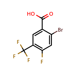 Chemical structure of 2-bromo-4-fluoro-5-(trifluoromethyl)benzoic acid , CAS 2091606-34-5, AChemBlock AD297511