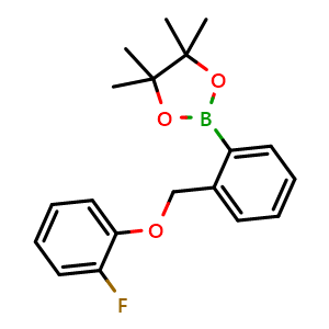 Chemical structure of 2-(2-((2-fluorophenoxy)methyl)phenyl)-4,4,5,5-tetramethyl-1,3,2-dioxaborolane , CAS 2246906-32-9, AChemBlock AD297550