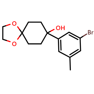Chemical structure of 8-(3-bromo-5-methylphenyl)-1,4-dioxaspiro[4.5]decan-8-ol , CAS 2921716-19-8, AChemBlock AD297598