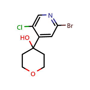 Chemical structure of 4-(2-bromo-5-chloropyridin-4-yl)tetrahydro-2H-pyran-4-ol , CAS 2921719-14-2, AChemBlock AD297604