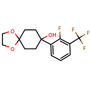 Chemical structure of 8-(2-fluoro-3-(trifluoromethyl)phenyl)-1,4-dioxaspiro[4.5]decan-8-ol , CAS 2921694-69-9, AChemBlock AD297644