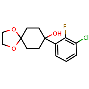 Chemical structure of 8-(3-chloro-2-fluorophenyl)-1,4-dioxaspiro[4.5]decan-8-ol , CAS 2921694-71-3, AChemBlock AD297645