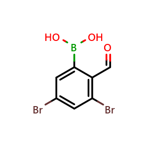 Chemical structure of 3,5-Dibromo-2-formylphenylboronic acid , CAS 928048-14-0, AChemBlock AD297661