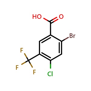 Chemical structure of 2-bromo-4-chloro-5-(trifluoromethyl)benzoic acid , CAS 2091035-67-3, AChemBlock AD297675