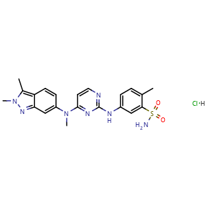 Chemical structure of 5-{4-[(2,3-Dimethyl-2H-indazol-6-yl)-methyl-amino]-pyrimidin-2-ylamino}-2-methyl-benzenesulfonamide hydrochloride , CAS 635702-64-6, AChemBlock C-2373