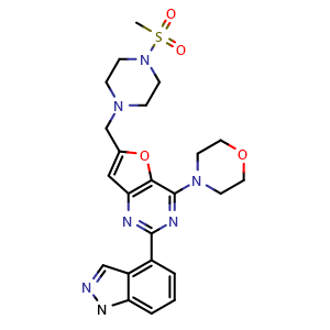 Chemical structure of 2-(1H-Indazol-4-yl)-6-[(4-methylsulfonylpiperazin-1-yl)methyl]-4-[morpholin-4-yl]furo[3,2-d]pyrimidine , CAS 956032-28-3, AChemBlock C-2933