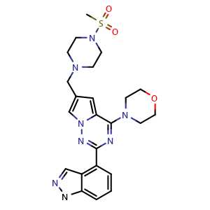 Chemical structure of 2-(1H-Indazol-4-yl)-6-[[4-(methylsulfonyl)-1-piperazinyl]methyl]-4-(4-morpholinyl)pyrrolo[2,1-f][1,2,4]triazine , CAS 1401334-24-4, AChemBlock C-2946