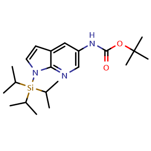 Chemical structure of 1-Triisopropylsilany-5-(Boc-amino)-7-azaindole , CAS 651744-43-3, AChemBlock C-3673