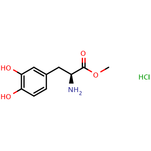 Chemical structure of L-3,4-dihydroxyphenylalanine methyl ester hydrochloride , CAS 1421-65-4, AChemBlock F-4021