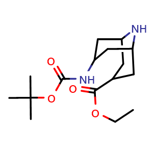 Chemical structure of ethyl 7-[(tert-butoxycarbonyl)amino]-9-azabicyclo[3.3.1]nonane-3-carboxylate , CAS 1363380-89-5, AChemBlock F-4104
