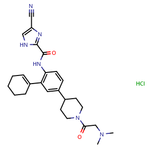 Chemical structure of 4-Cyano-n-[2-(cyclohex-1-en-1-yl)-4-(1-[2-(dimethylamino)acetyl]piperidin-4-yl)phenyl]-1H-imidazole-2-carboxamide hydrochloride , CAS 1149939-55-8, AChemBlock F-4253