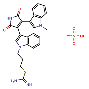 Chemical structure of 3-[1-[3-(Amidinothio)propyl-1H-indol-3-yl]-3-(1-methyl-1H-indol-3-yl)maleimide] meslate , CAS 125314-64-9, AChemBlock F-4281