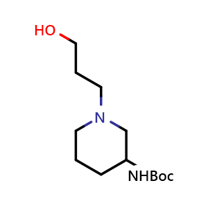 Chemical structure of [1-(3-Hydroxy-propyl)-piperidin-3-yl]-carbamic acid tert-butyl ester , CAS 1823249-35-9, AChemBlock F-4318