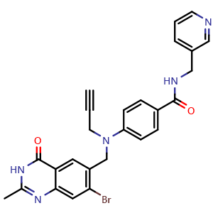 Chemical structure of 4-[[(7-Bromo-1,4-dihydro-2-methyl-4-oxo-6-quinazolinyl)methyl]-2-propynylamino]-N-(3-pyridinylmethylbenzamide) , CAS 206275-15-2, AChemBlock F-4582