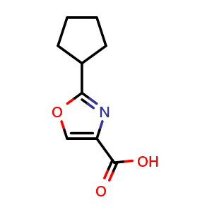 Chemical structure of 2-Cyclopentyl-1,3-oxazole-4-carboxylic acid , CAS 1247889-30-0, AChemBlock F-4739