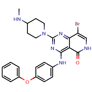 Chemical structure of 8-Bromo-2-(4-(methylamino)piperidin-1-yl)-4-((4-phenoxyphenyl)amino)pyrido[4,3-d]pyrimidin-5(6H)-one , CAS 2173992-17-9, AChemBlock G-5046
