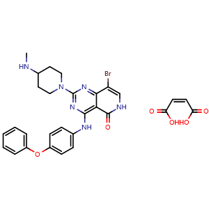 Chemical structure of 8-Bromo-2-(4-(methylamino)piperidin-1-yl)-4-((4-phenoxyphenyl)amino)pyrido[4,3-d]pyrimidin-5(6H)-one maleate , CAS 2174007-52-2, AChemBlock G-5047
