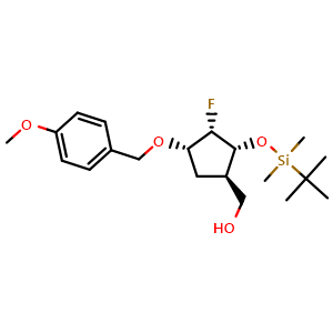 Chemical structure of [(1R,2R,3S,4S)-2-(tert-Butyldimethylsilanyloxy)-3-fluoro-4-(4-methoxybenzyloxy)cyclopentyl]methanol , CAS 1523530-54-2, AChemBlock G-5086