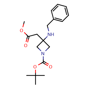 Chemical structure of 1-Boc-3-(benzylamino)-3-(2-methoxy-2-oxoethyl)azetidine , CAS 1392803-61-0, AChemBlock G-5088