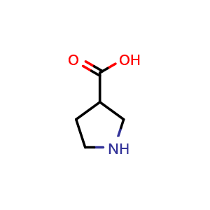 Chemical structure of Pyrrolidine-3-carboxylic acid , CAS 59378-87-9, AChemBlock G-5249