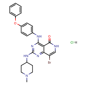 Chemical structure of 8-Bromo-2-(1-methyl-piperidin-4-ylamino)-4-(4-phenoxy-phenylamino)-6H-pyrido[4,3-d]pyrimidin-5-one hydrochloride , CAS 1457983-33-3, AChemBlock G-5851
