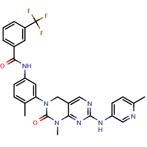 Chemical structure of N-(4-methyl-3-(1-methyl-7-((6-methylpyridin-3-yl)amino)-2-oxo-1,4-dihydropyrimido[4,5-d]pyrimidin-3(2H)-yl)phenyl)-3-(trifluoromethyl)benzamide , CAS 839706-07-9, AChemBlock G-5906
