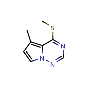 Chemical structure of 5-Methyl-4-(methylthio)pyrrolo[1,2-f][1,2,4]triazine , CAS 859205-88-2, AChemBlock G-6140