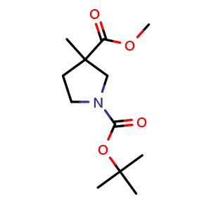 Chemical structure of Methyl 1-Boc-3-methylpyrrolidine-3-carboxylate , CAS 457657-68-0, AChemBlock G-6228