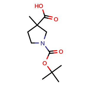 Chemical structure of 1-Boc-3-methylpyrrolidine-3-carboxylic acid , CAS 887587-09-9, AChemBlock G-6229
