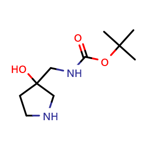 Chemical structure of 3-(Boc-aminomethyl)-3-hydroxypyrrolidine , CAS 125033-59-2, AChemBlock G-6399