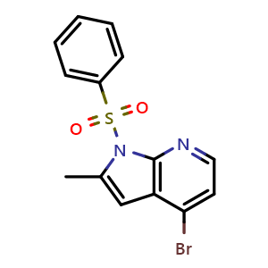 Chemical structure of 4-Bromo-2-methyl-1-phenylsulfonyl-7-azaindole , CAS 1014613-05-8, AChemBlock G-6783
