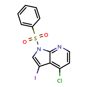 Chemical structure of 3-Iodo-4-chloro-1-(phenylsulfonyl)-1H-pyrrolo[2,3-b]pyridine , CAS 1203566-61-3, AChemBlock G-6816
