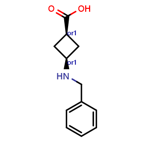 Chemical structure of cis-3-Benzylaminocyclobutanecarboxylic acid , CAS 1274891-82-5, AChemBlock G-6903
