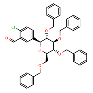 Chemical structure of 2-Chloro-5-(3,4,5-tribenzyloxy-6-benzyloxymethyl-tetrahydro-pyran-2-yl)benzaldehyde , CAS 842133-82-8, AChemBlock G-6987