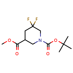 Chemical structure of Methyl 1-Boc-5,5-difluoro-3-piperidinecarboxylate , CAS 1255667-06-1, AChemBlock G-6991