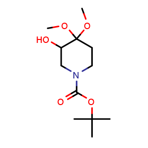 Chemical structure of tert-Butyl 3-hydroxy-4,4-dimethoxypiperidine-1-carboxylate , CAS 841286-80-4, AChemBlock G-7007