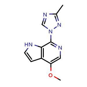 Chemical structure of 4-Methoxy-7-(3-methyl-1H-1,2,4-triazol-1-yl)-1H-pyrrolo[2,3-c]pyridine , CAS 676491-46-6, AChemBlock G-7096