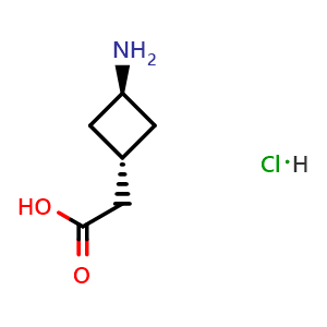 Chemical structure of trans-(3-Aminocyclobutyl)acetic acid hydrochloride , CAS 1408076-11-8, AChemBlock G-7332