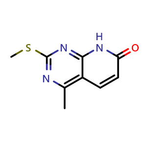 Chemical structure of 2-(Methylthio)-4-methyl-8H-pyrido[2,3-d]pyrimidin-7-one , CAS 846036-77-9, AChemBlock G-7386