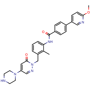 Chemical structure of 4-(6-methoxypyridin-3-yl)-N-(2-methyl-3-((6-oxo-4-(piperazin-1-yl)pyridazin-1(6H)-yl)methyl)phenyl)benzamide , CAS 1103458-91-8, AChemBlock G-7523