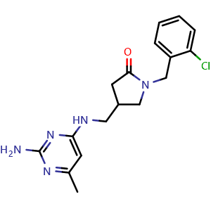 Chemical structure of 4-[(2-Amino-6-methyl-pyrimidin-4-ylamino)-methyl]-1-(2-chloro-benzyl)-pyrrolidin-2-one , CAS 2173637-30-2, AChemBlock G-7526