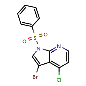 Chemical structure of 3-Bromo-4-chloro-1-(phenylsulfonyl)-1H-pyrrolo[2,3-b]pyridine , CAS 920966-51-4, AChemBlock G-7590