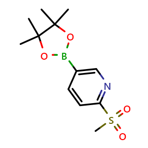 Chemical structure of 2-(methylsulfonyl)-5-(4,4,5,5-tetramethyl-1,3,2-dioxaborolan-2-yl)pyridine , CAS 1052138-94-9, AChemBlock G-7610
