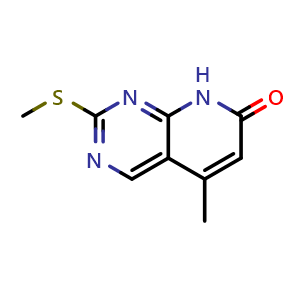 Chemical structure of 5-Methyl-2-(methylthio)pyrido[2,3-d]pyrimidin-7(8H)-one , CAS 850628-76-1, AChemBlock G-7642