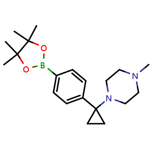 Chemical structure of 1-Methyl-4-{1-[4-(4,4,5,5-tetramethyl-[1,3,2]dioxaborolan-2-yl)-phenyl]cyclopropyl}piperazine , CAS 1643923-77-6, AChemBlock G-7684