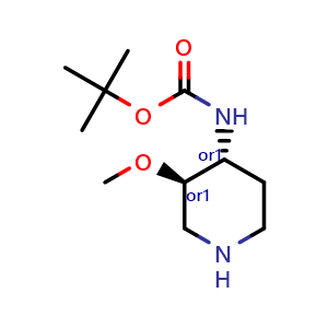 Chemical structure of trans-4-(Boc-amino)-3-methoxypiperidine , CAS 1033748-33-2, AChemBlock G-7890