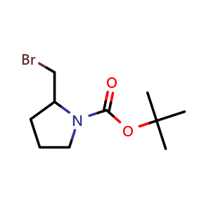 Chemical structure of 2-Bromomethyl-pyrrolidine-1-carboxylic acid tert-butyl ester , CAS 181258-46-8, AChemBlock H-8347