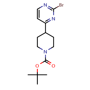Chemical structure of 4-(2-Bromo-pyrimidin-4-yl)- piperidine-1-carboxylic acid tert-butyl ester , CAS 1398603-45-6, AChemBlock H-8419