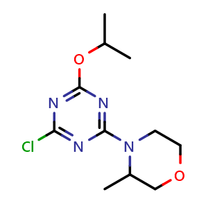 Chemical structure of 2-Chloro-4-(3-methylmorpholin-4-yl)-6-(propan-2-yloxy)-1,3,5-triazine , CAS 1405826-36-9, AChemBlock H-8423