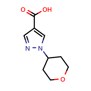 Chemical structure of 1-(Oxan-4-yl)-1H-pyrazole-4-carboxylic acid , CAS 1340372-11-3, AChemBlock H-8568